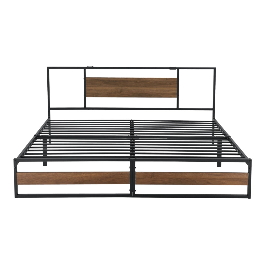 Letto in Acciaio con Materasso a Schiuma Fredda 200 x 180 cm Letto Matrimoniale King Size in Stile Moderno con Elementi Decorativi in Effetto Legno di Color Noce  - Struttura Nera