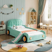Letto per bambini 90 × 200 cm a forma di auto con scivolo e scala reversibili, senza materasso, velluto blu-verde