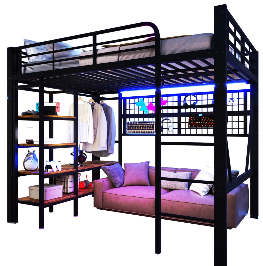 Letto a soppalco 140x200 cm in metallo e MDF nero con LED; ripiano e griglia portaoggetti