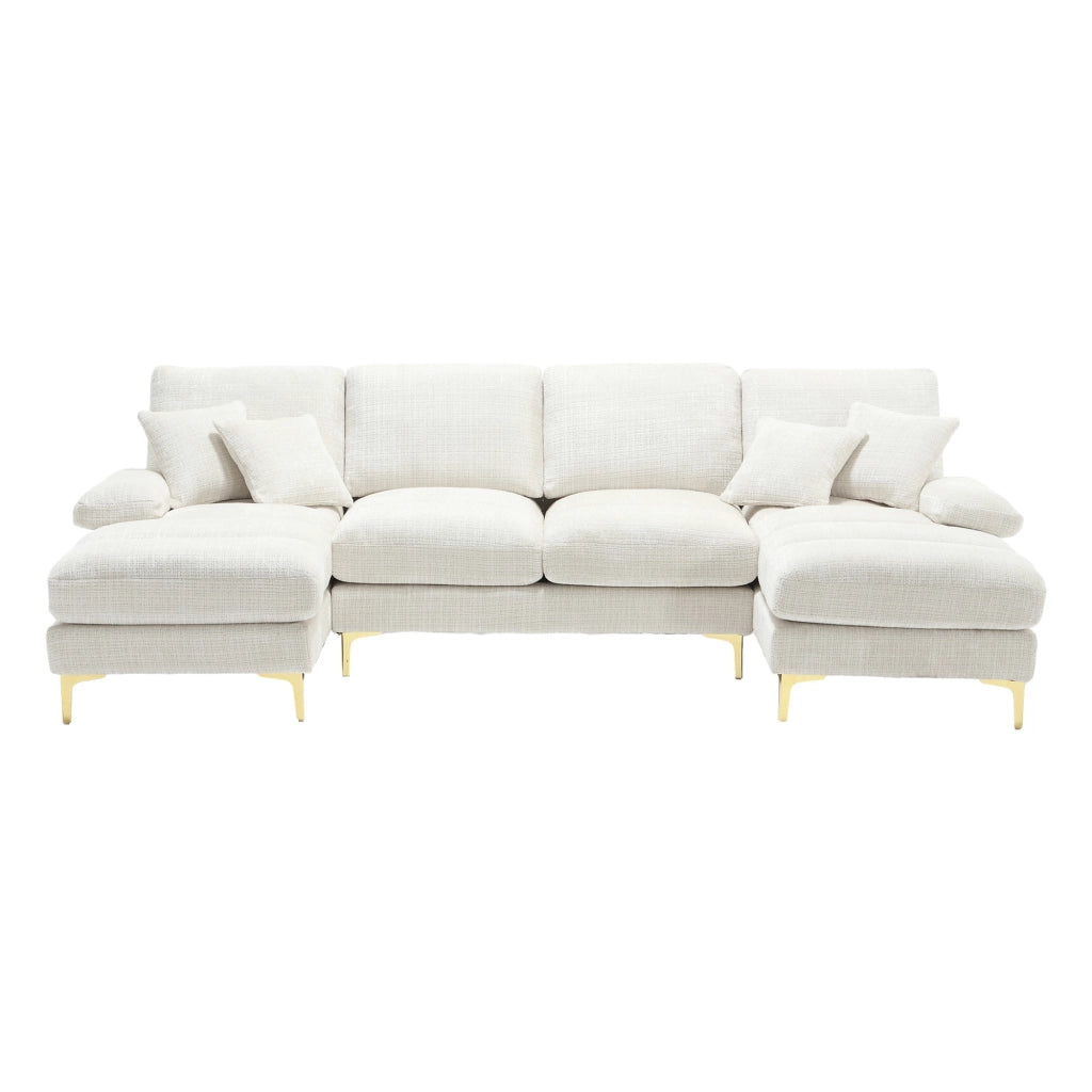 OKWISH Divano Panoramico a U, Doppia Chaise Longue con Cuscini Schienale e Piedi in Metallo, Ciniglia Beige 272 × 136 × 88 cm