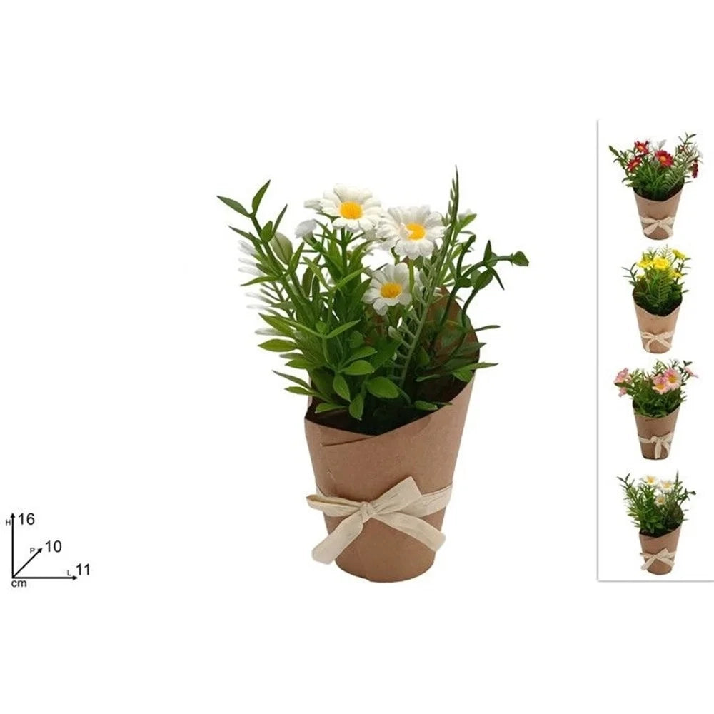Trade Shop - Set 12pz Bouquet Di Fiori Finti Piantina Margherite Con Cartoncino Fiocco 4 Colori 656815 -