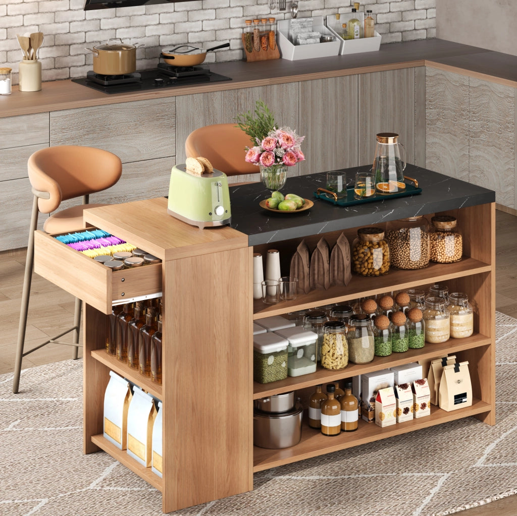 Isola cucina con bancone e cassetto nascosto 140x60x90 cm MDF nero effetto marmo e rovere