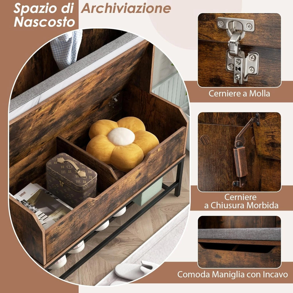 4 in 1 Appendiabiti da Ingresso, Armadio con Appendiabiti Multifunzionale, con Panca Cuscino e Ganci, Panchina per Ingresso, 90 x 38,5 x 170 cm (Marrone)