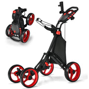 Carrello da golf a spinta e a trazione con borsa impermeabile e freno a pedale, Carrello pieghevole a 4 ruote Rosso