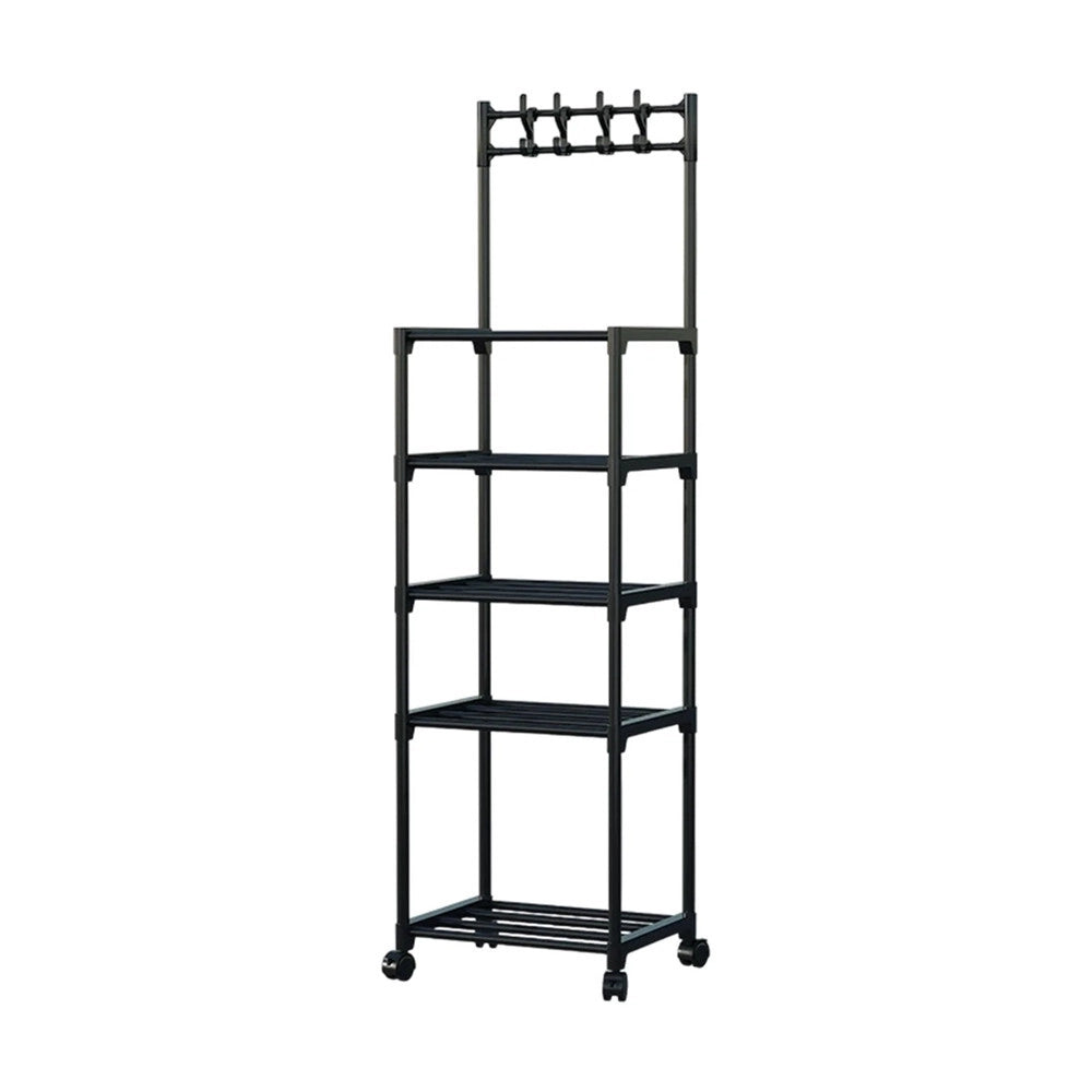 Trade Shop - Carrello Portaoggetti A 5 Ripiani Scaffale Multiuso Con Ruote Ganci Per Cucina Bagno Nero -