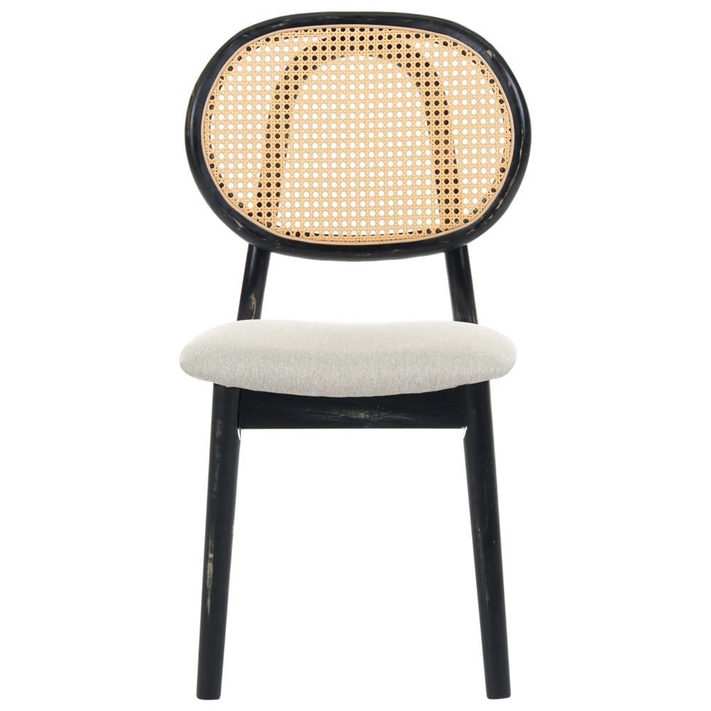 Set di 2 sedie da pranzo con struttura in legno e rivestimento in tessuto nero e beige, schienale ovale con intreccio viennese, stile Japandi
