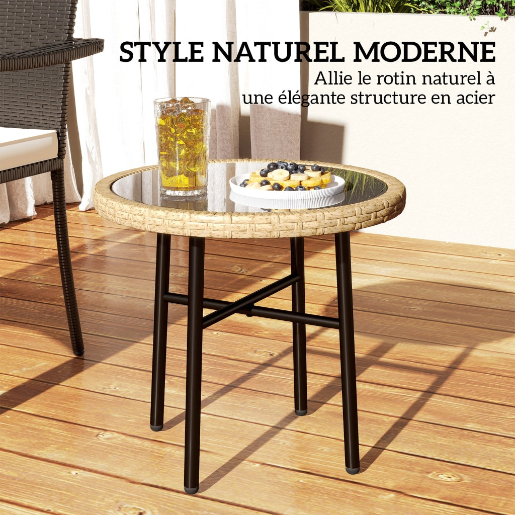 Tavolino da giardino rotondo in polyrattan con piano in vetro temperato ¨C zephmum ¨C 46x46x43cm
