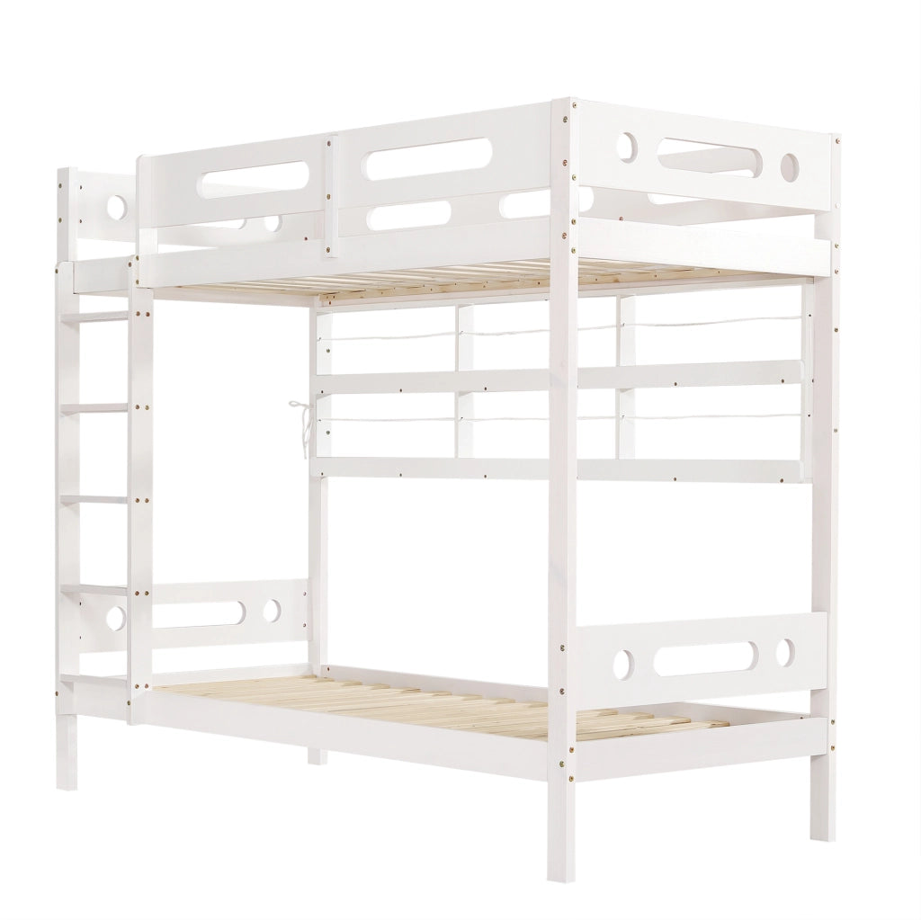 Letto a castello 90x200 cm con libreria aperta e scala a 5 gradini in legno e MDF bianco e naturale