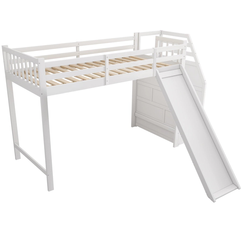 Letto a soppalco singolo 90×200 cm per bambini con scivolo; scala con ripiani; senza materasso; bianco