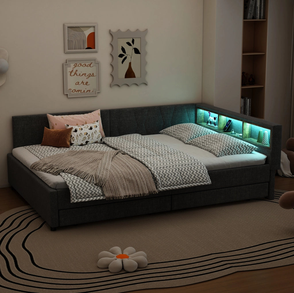 LETTO 140x200 cm in lino grigio con LED, USB e 2 cassetti