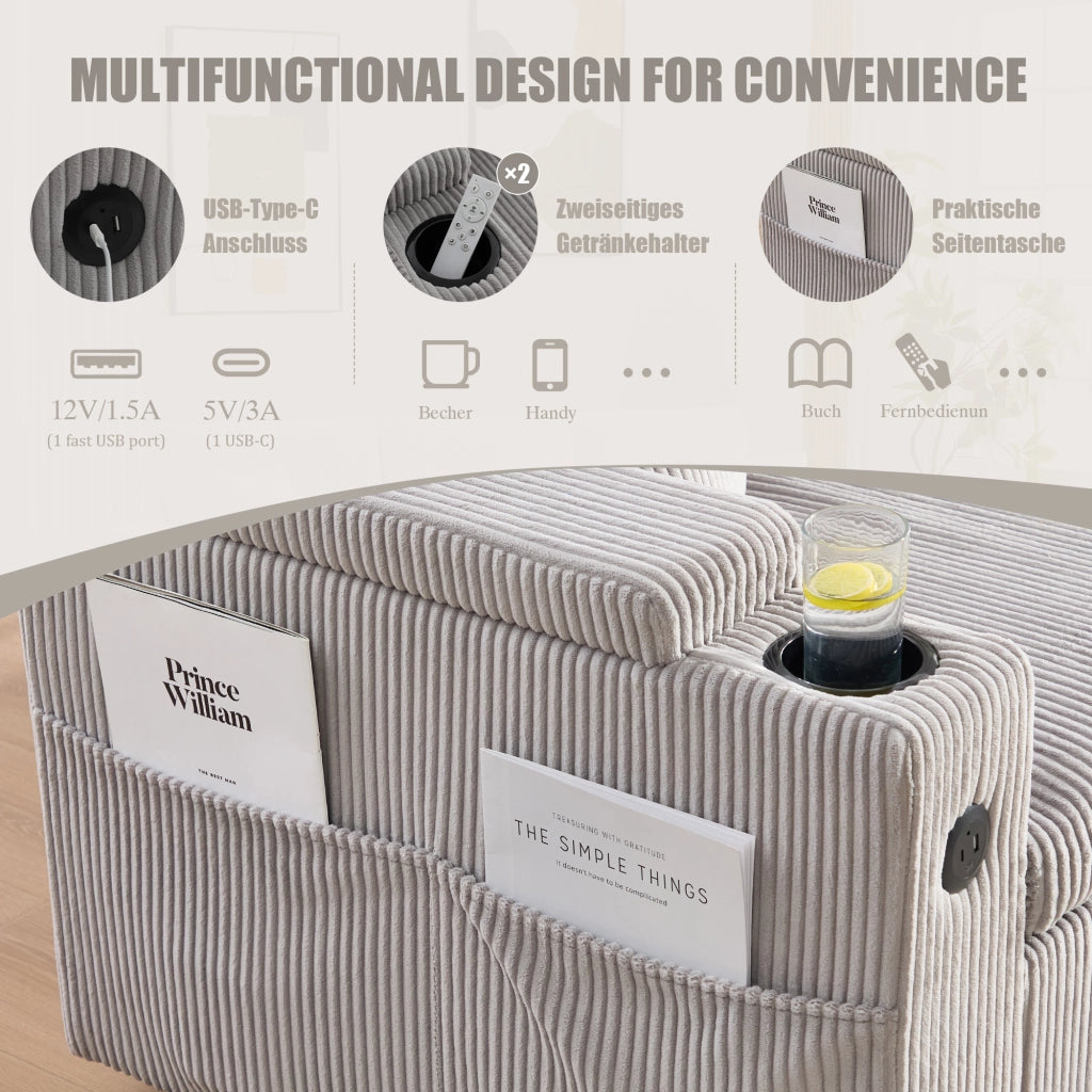 Divano Letto 3 Posti con Contenitore, Portabicchieri e USB-C, in Velluto a Coste, Grigio Chiaro