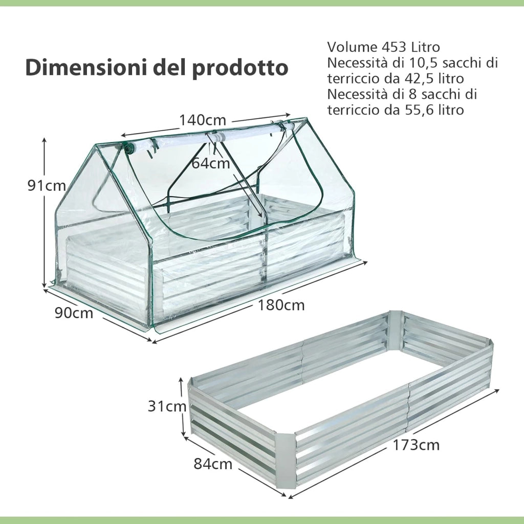 Orto Rialzato Zincato con Serra, Aiuola Senza Fondo con Copertura Trasparente, Fioriere con Finestre Avvolgibili per Giardino e Terrazzo (180 x 90 x 91 cm)