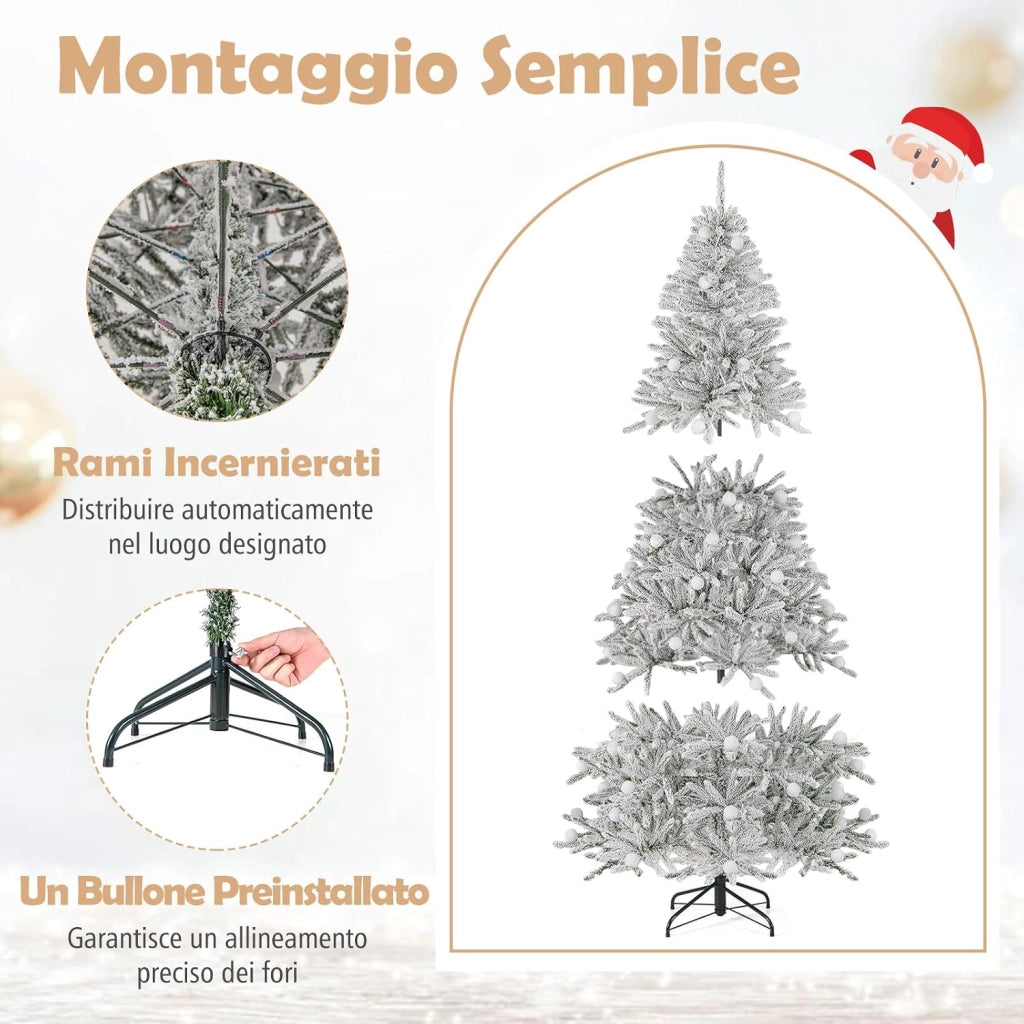 Albero di Natale Innevato 180/210cm, Albero di Natale Artificiale Pre-illuminato con 250/350 Luci LED Bianche Calde, 51/65 Sfere Luminose 637/1273 Rami, Telecomando e Timer (180 cm)