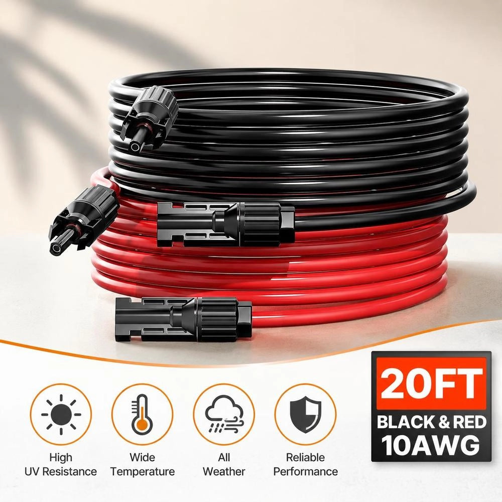 2x Solar Cable Extension Cable With Socket/plug Connections 10AWG/6 Mm² 6.1m