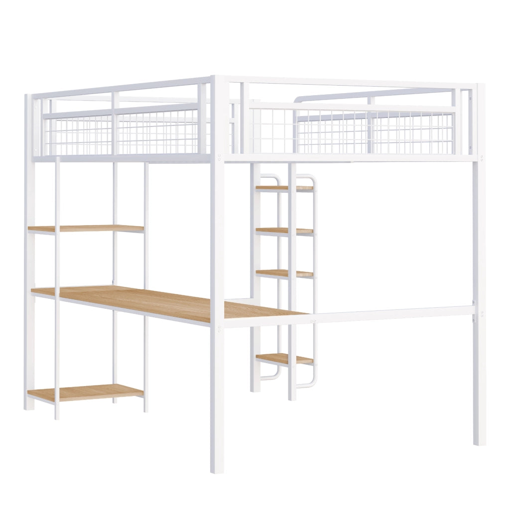 Letto a soppalco in metallo 140x200 cm con scala di sicurezza, tavolo e ripiani, bianco