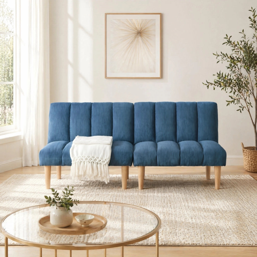 Divano letto 2 posti con schienale regolabile 3 posizioni e funzione letto in corduroy blu