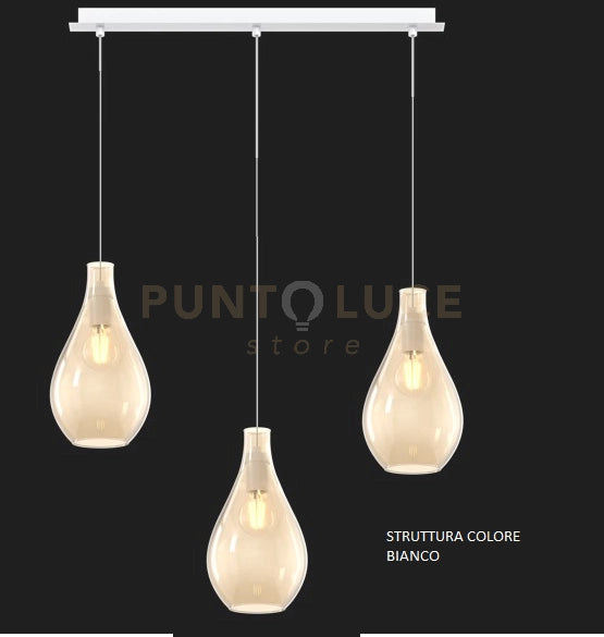 SOSPENSIONE BIANCO 3 LUCI RETTANGOLARE VETRI PICCOLI AMBRA 1193BI-S3 RP-AM