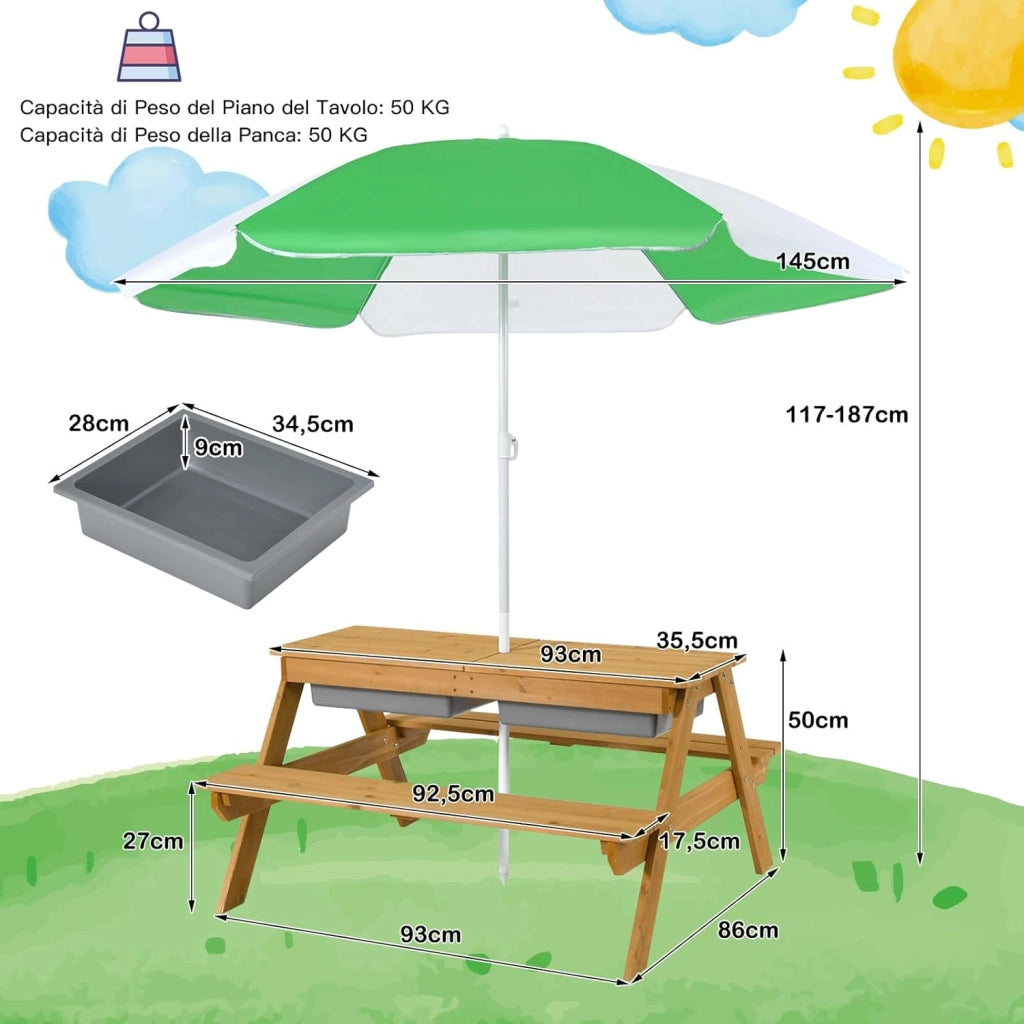 Set Tavolo e Sedie per Bambini da Giardino 3 in 1, con Ombrellone Rimovibile e Regolabile, Piano Rimovibile, Tavolo con Panche in Legno per Bambini da Interno Esterno (Verde e Bianco)