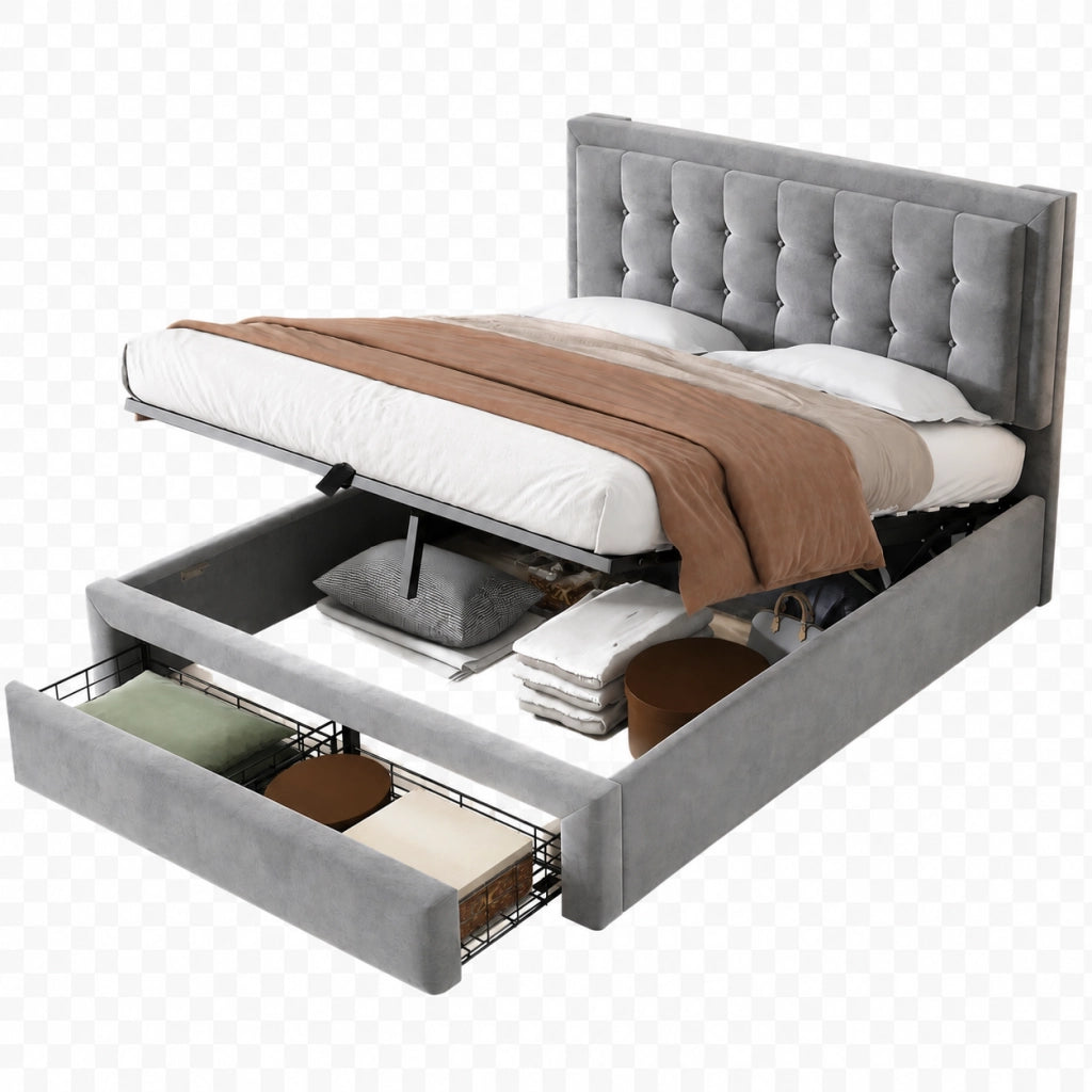 Letti contenitori 140x190 cm regolabile in altezza; contenitore; velluto grigio