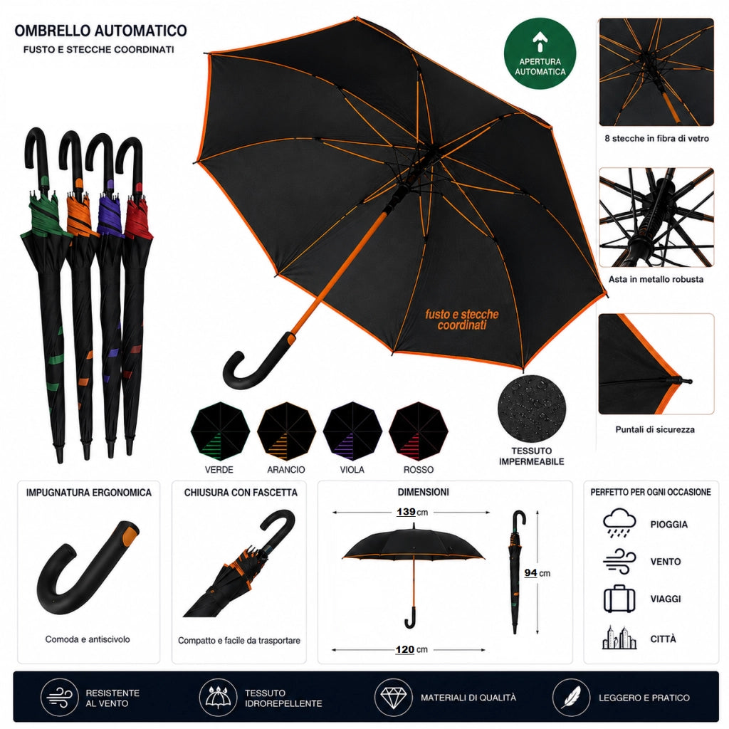 Kit 3 Ombrelli Grandi Automatici Antivento 120 cm 8 Stecche Fibra di Vetro Tessuto Extra