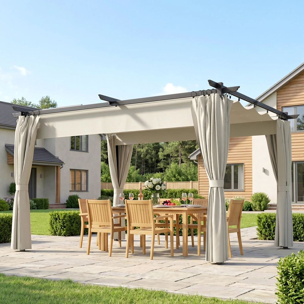 Pergola da giardino esterno ¨C zephmum ¨C 3x4m crema, tetto retrattile, tende, UPF30+