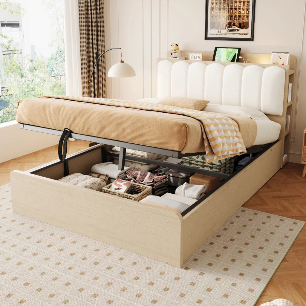 LETTO contenitore idraulico 140x200 cm in legno colore naturale con USB