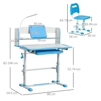 Banco Scuola per Bambini 6-12 Anni Regolabile con Luce LED, Leggio e Portapenne, in MDF, PP e Acciaio, Azzurro