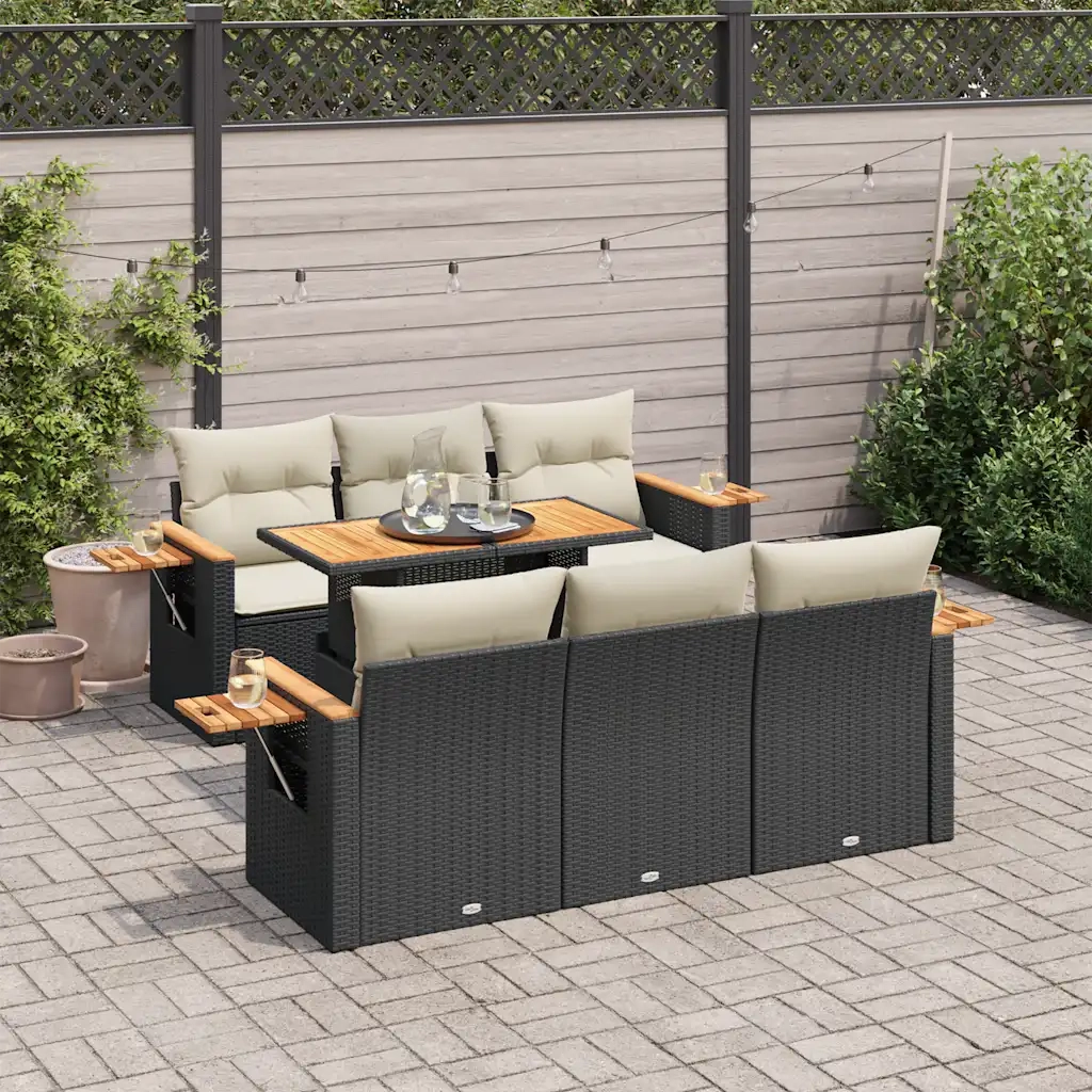 Set Divani da Giardino con Cuscini 7pz Nero Polyrattan Acacia