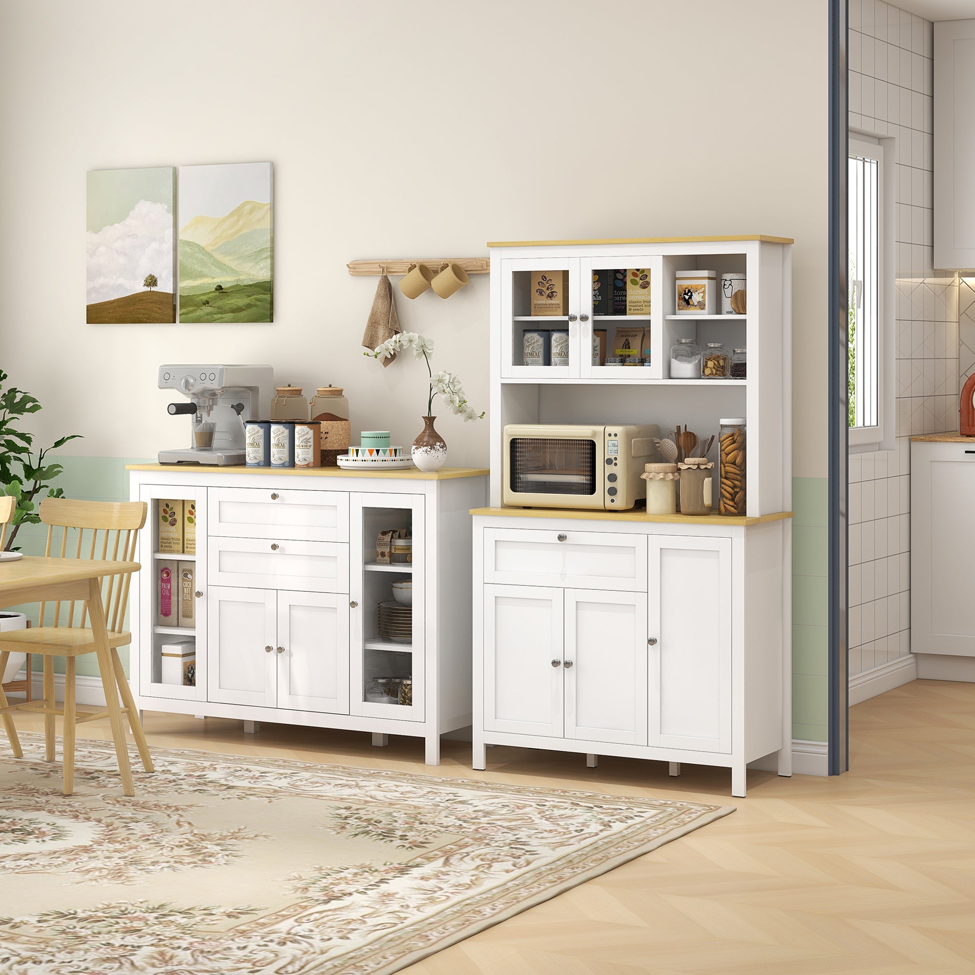 Mobile Cucina Credenza 120x40x90 cm con 2 Cassetti e 3 Armadietti Ante in Vetro Bianco e Rovere