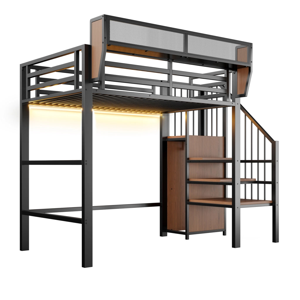 Hochbett metallico 90x200 cm con LED, scala di sicurezza e ripiani flessibili, struttura nera