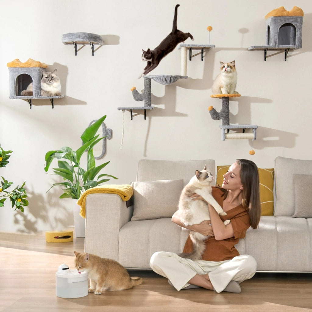 Set torre per gatti da parete con piattaforme e 2 comode cuccie, Set albero per gatti salvaspazio Grigio