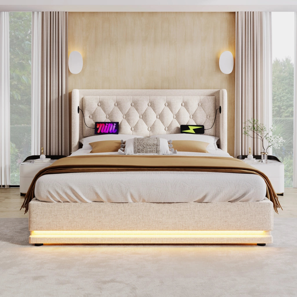 LETTO Contenitore 180x200 cm Cotone Beige con USB e LED