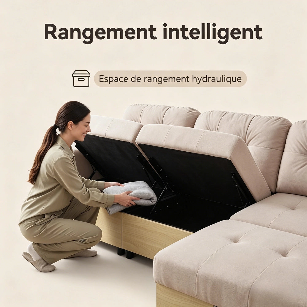 Divano Angolare 3 Posti con Penisola Estraibile, Contenitore e Braccioli in Legno ¨C MINIMAL ¨C Velluto Verde/Beige