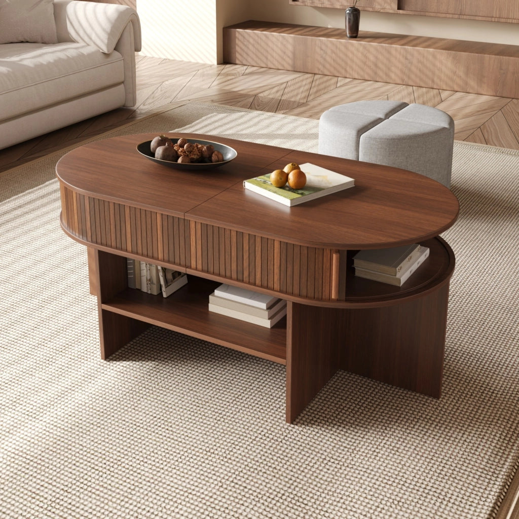 Tavolino da salotto ovale con contenitore; set con pouf in tessuto; 120 x 60 x 51;5 cm; noce
