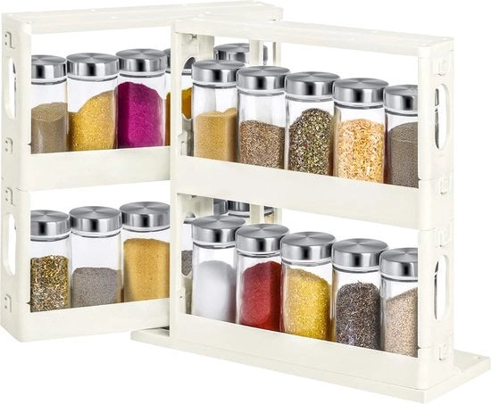 Kruidenrek Uitschuifbaar 2 Piani per Cucina, Organizzatore di Spezie, Inclinabile e Rotativo, Bianco