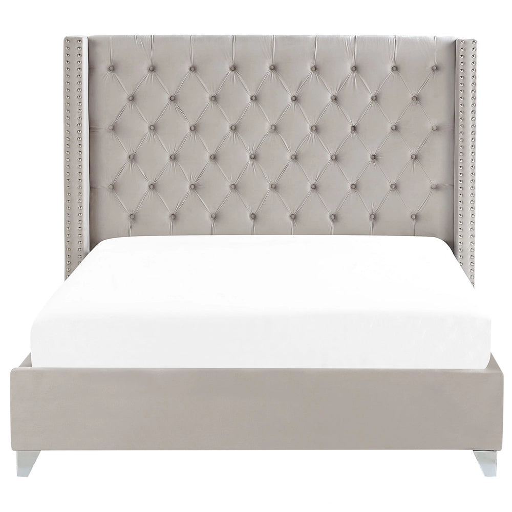 Letto matrimoniale a doghe velluto grigio chiaro imbottito trapuntato poggiatesta 180 x 200 cm stile glamour elegante