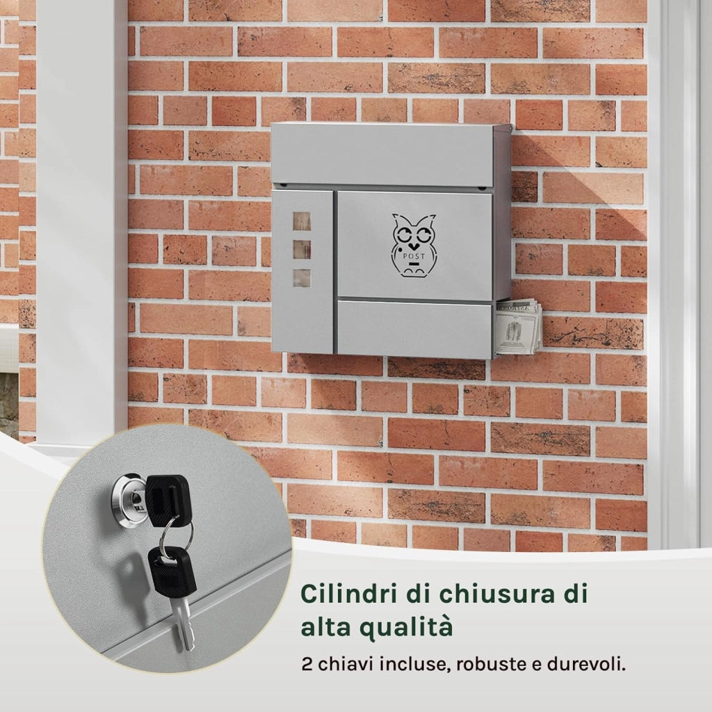 Cassetta per Lettere, con Serratura, Finestre di Visualizzazione, Fessura 33,8x3 cm, Coperchio Incernierato, Scomparto per Giornali, 37x10,5x37 cm, Grigio