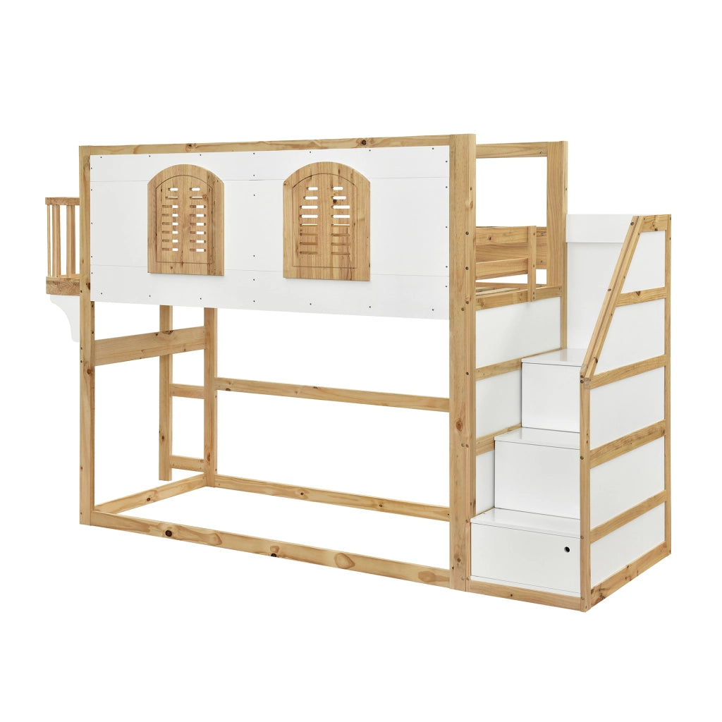 Letto a Soppalco 90 x 200 cm con Scala Contenitore; Area Gioco e Finestra in Legno