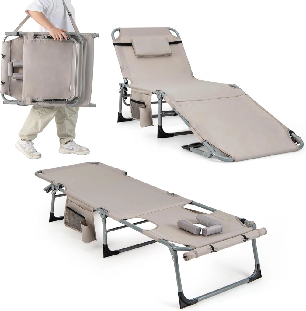 Lettino Prendisole Pieghevole Portatile, Lettino da Spiaggia con Fori per Viso e Braccia, Cuscino Poggiatesta e Tasca, Schienale Regolabile, per Mare e Piscina, Portata 180 kg (Turchese)