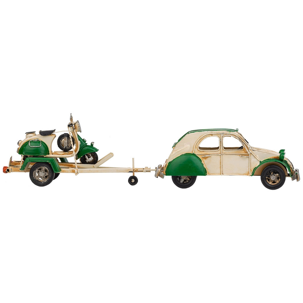 Rimorchio auto con moto in metallo verde 41x9x9,5h