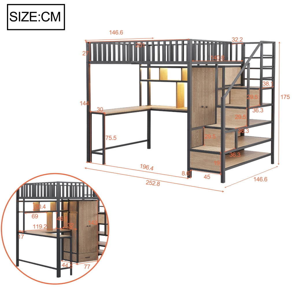 OKWISH Letto a soppalco 140×200 cm, Letto Matrimoniale con Scrivania, Armadio, Mensole, Cassetti, LED Regolabile e USB, senza Materasso, Nero