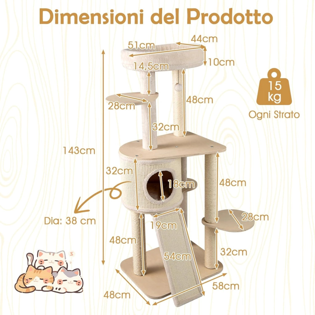 Albero per Gatti, Tiragraffi per Gattini in Legno Alto 143 cm con 2 Posti per Grattare in Sisal, Condominio, Piattaforma, Giocattolo Sospeso e Cuscino Lavabile, Mobile Moderno per Arrampicata