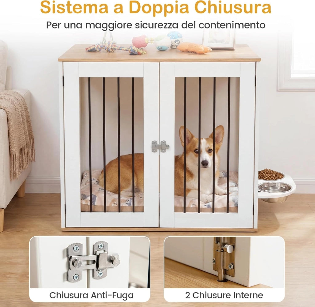 Cuccia per Cani da Interno, Gabbia per Cane Piccolo e Midio con 2 Ciotole Girevoli, 2 Porte e Chiusura di Sicurezza, Casetta per Cuccioli, 80 x 66,5 x 71,5 cm