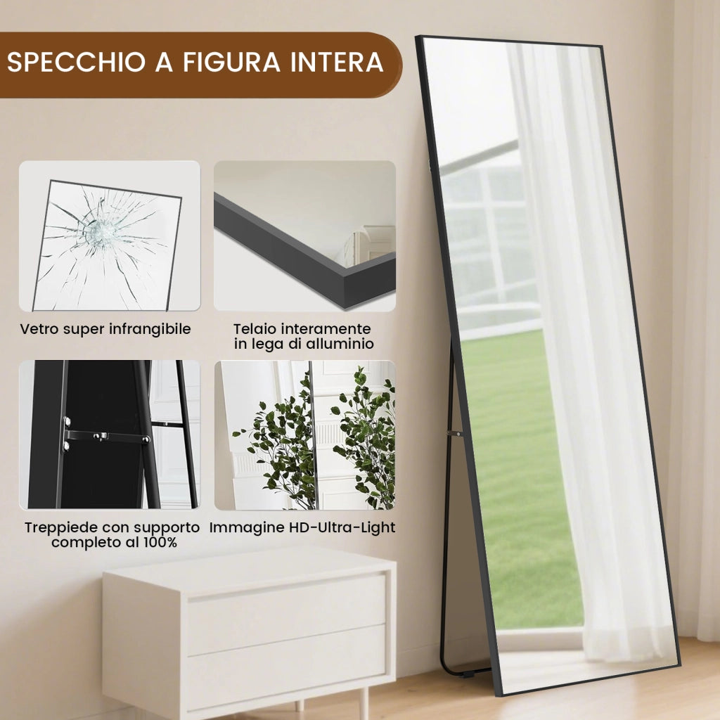 Specchio a figura intera, 162 x 52 cm, specchio autoportante con supporto, specchio quadrato a figura intera, nero, autoportante o inclinabile.