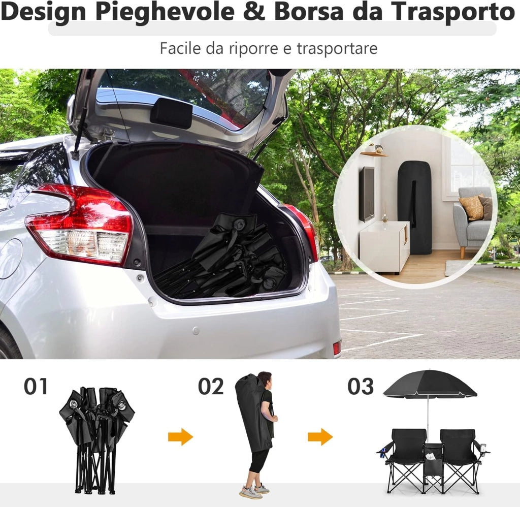 Set di 2 Sedie da Campeggio Pieghevoli, con Ombrellone e Tavolino Contenitore, Resistente e Leggero, Capacità 113 kg (nero)