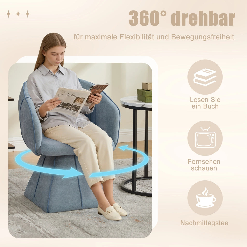 Poltrona girevole 360° in ciniglia blu con schienale alto e braccioli