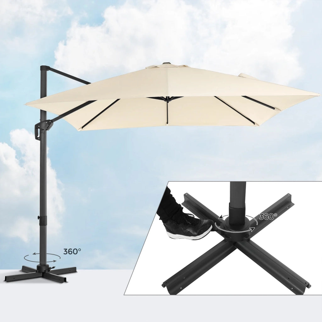 Ombrellone da giardino decentrato 3 x 3 mt ombrellone da terrazzo quadrato protezione solare in tela upf 50+ girevole 360° inclinazione regolabile con manovella e base beige 12_0001786