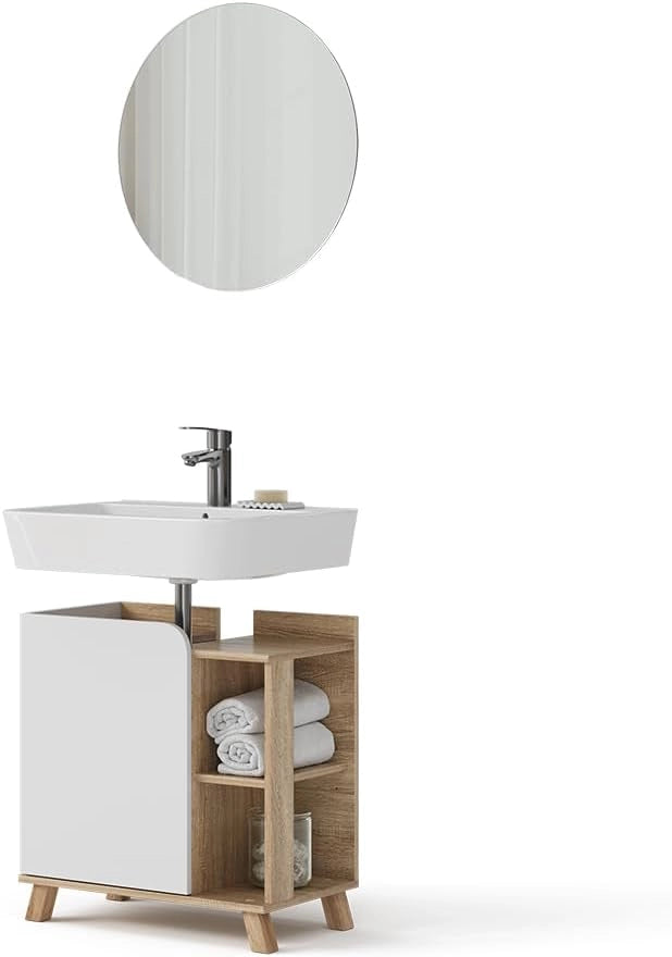 Set di mobili da bagno Karen, Sonoma/Bianco, 60 cm, composto da specchio da bagno e mobile sottolavabo