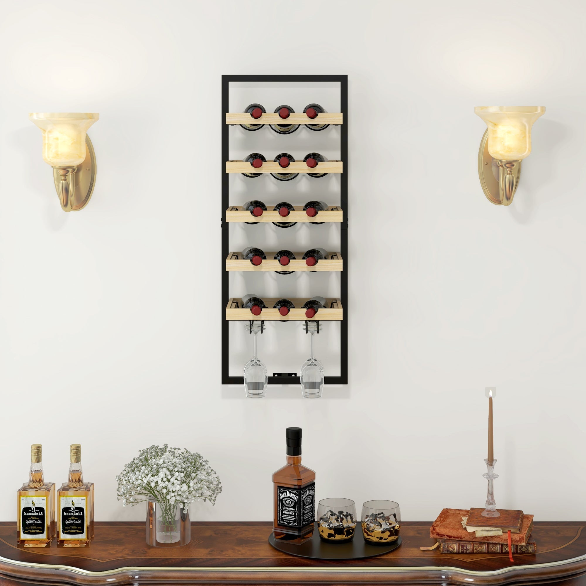 Portabottiglie da Parete per 15 Bottiglie e 4 Calici 35x25x86cm in Legno e Acciaio