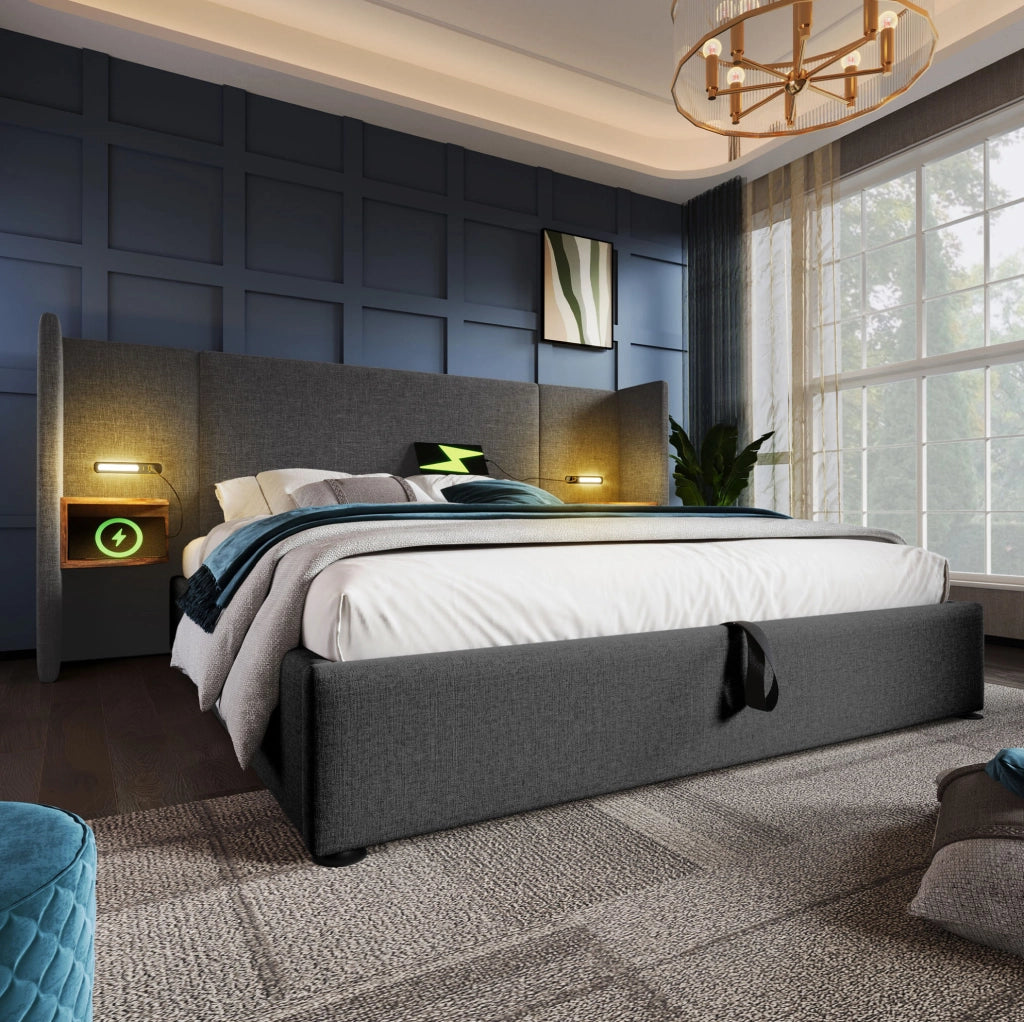 Letto matrimoniale imbottito con contenitore, lampada da lettura e ricarica USB Type-C